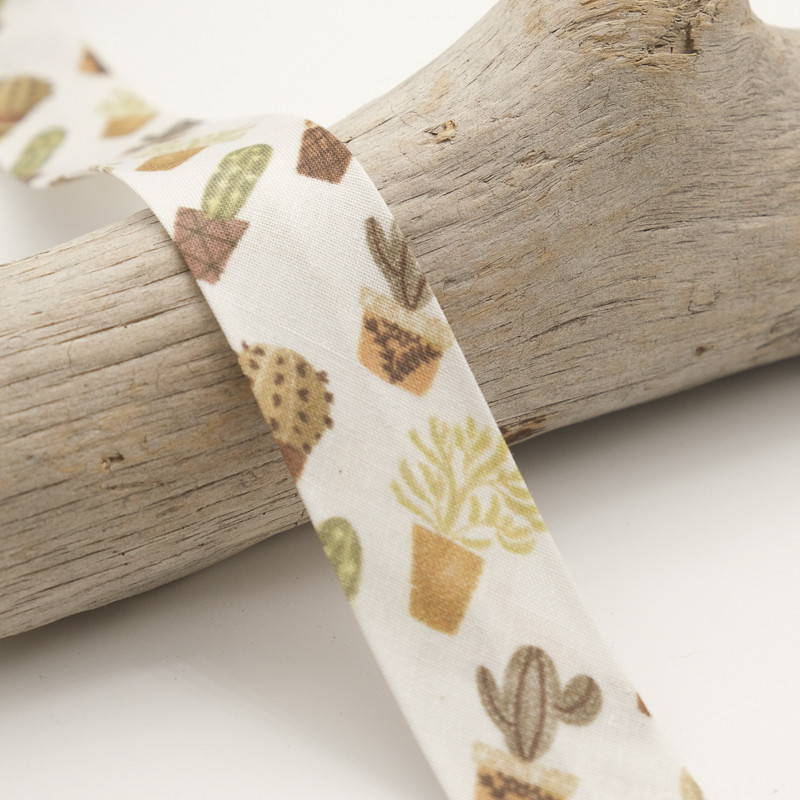 25MM Printed Bias Tape Cactus Ecru